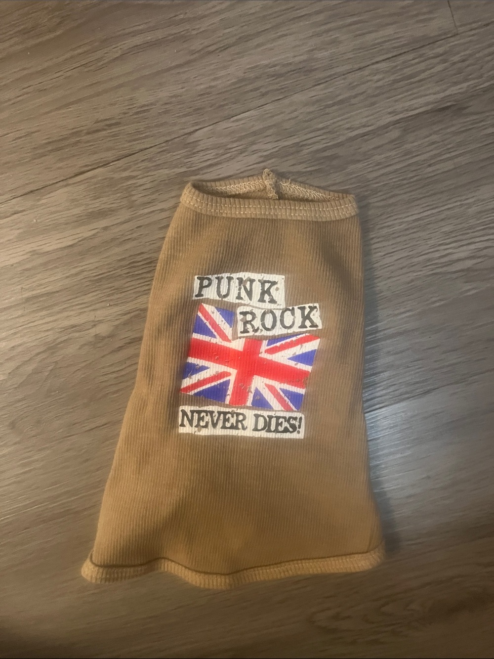 Tan Punk Rock Dog Tee with Union Jack Graphic